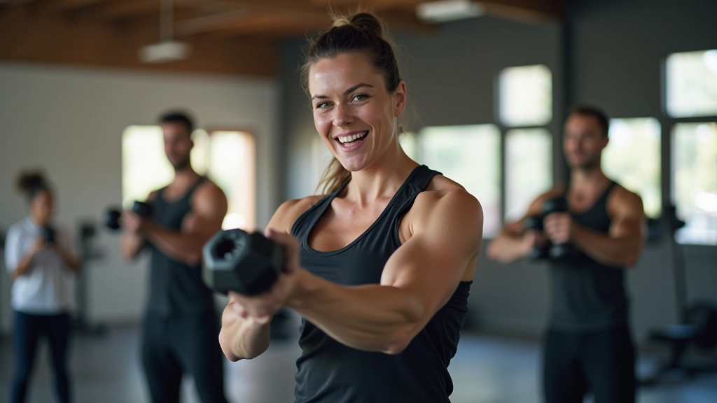 Diverse group of adults performing strength exercise together with proper form and spotting