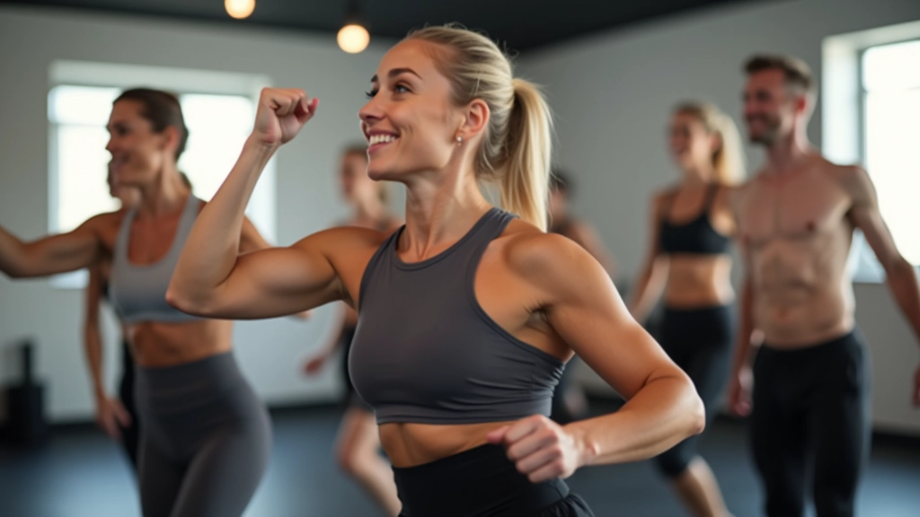 Group of adults aged 40-60 exercising together in a bright fitness studio with natural light