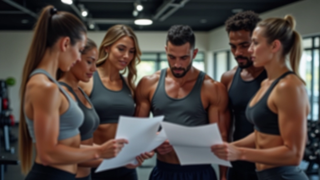 Group of fitness participants reviewing progress charts during accountability check-in session