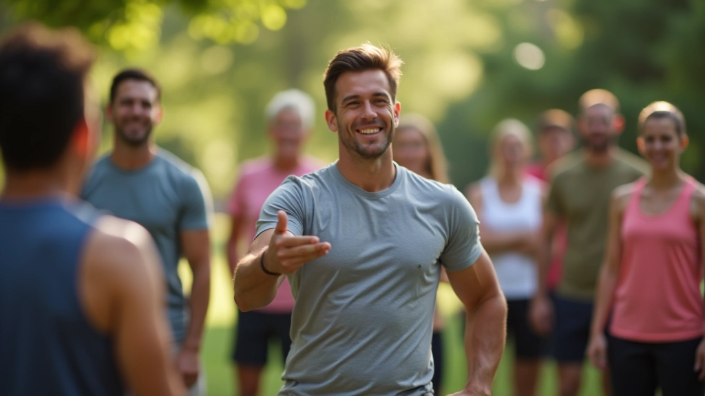 Adult fitness trainer leading a group workout session