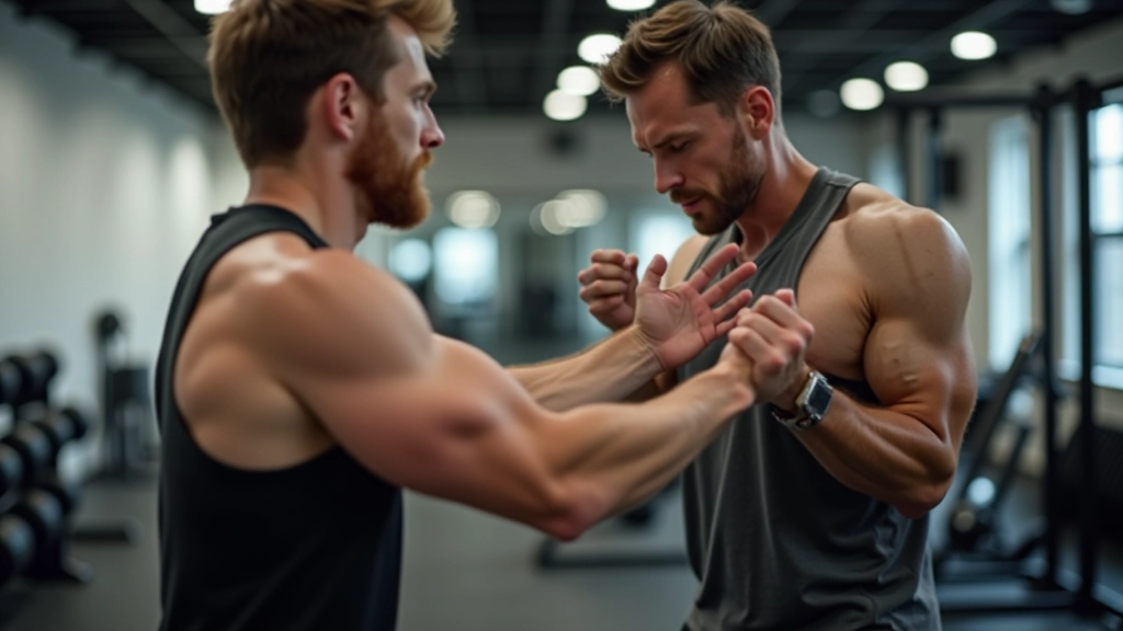Personal trainer demonstrating proper squat form with a client in gym setting