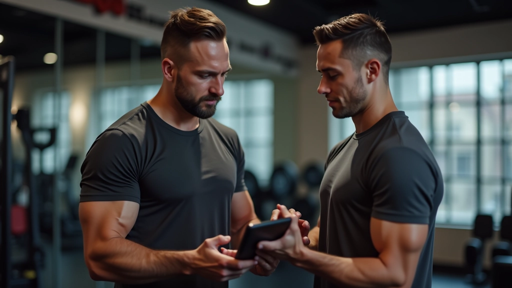Trainer discussing workout plan with client using tablet in gym